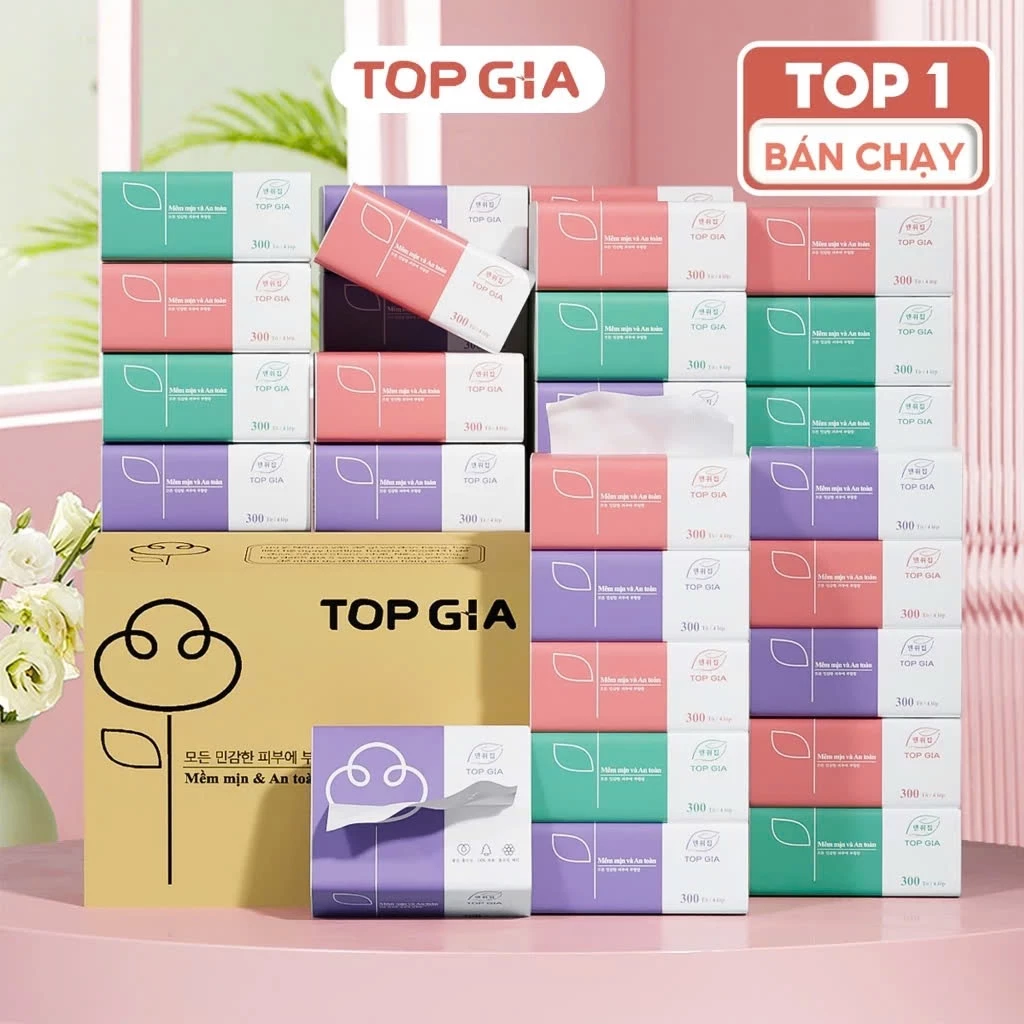 Thùng 30 gói giấy ăn rút Topgia 3 màu cao cấp 4 lớp dày dặn, mềm mịn,...