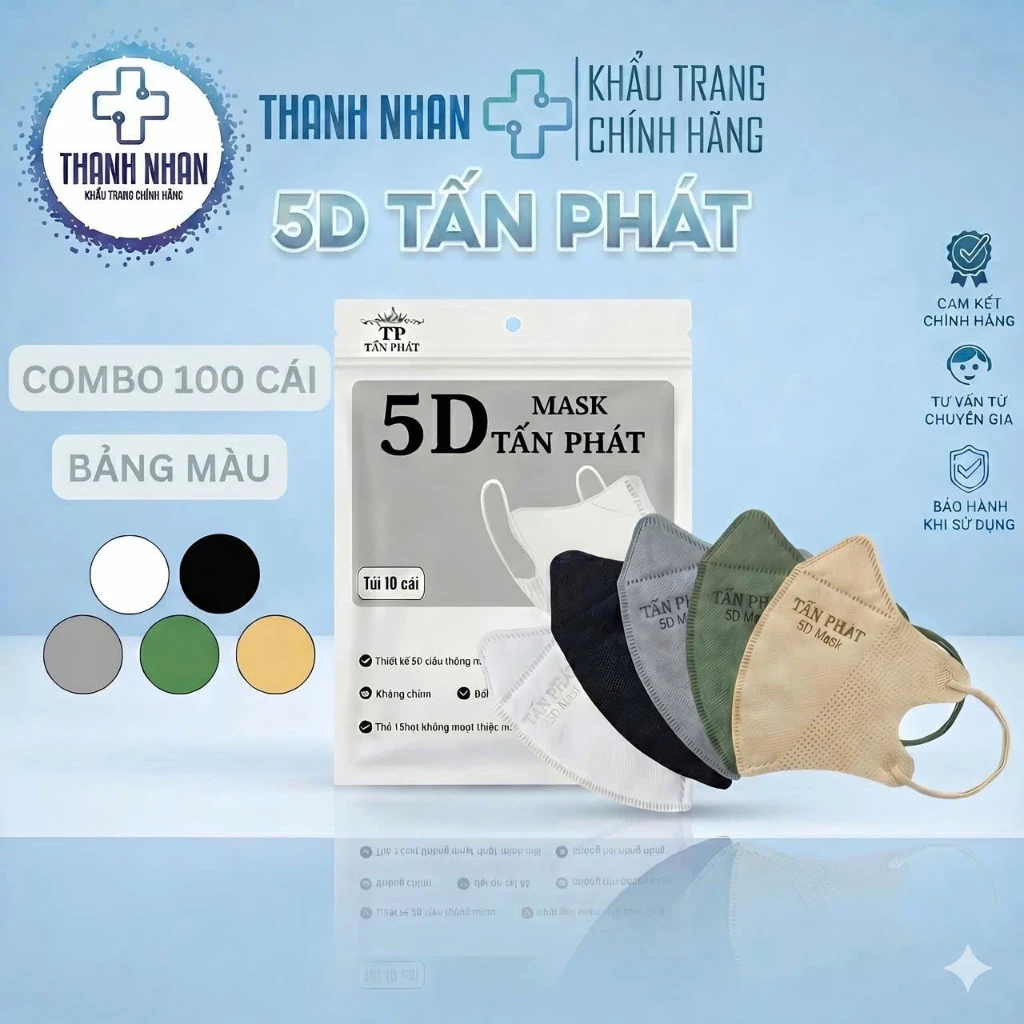 [Combo 100 Cái] Khẩu Trang 5D Tấn Phát Chính Hãng 3 Lớp, Chống Bụi Mịn, Không...