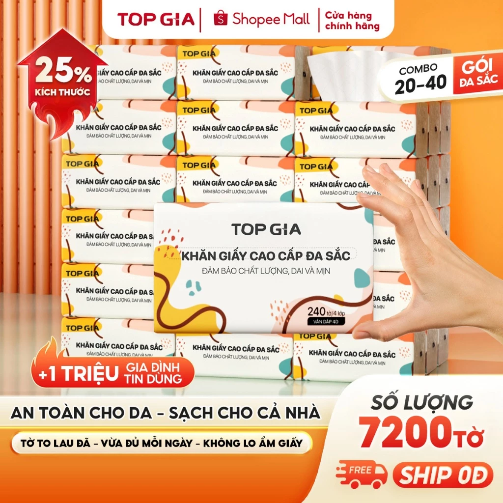 [SIÊU TIẾT KIỆM] Giấy ăn rút Topgia đa sắc cao cấp 240 tờ 4 lớp, dập vân 4D,...