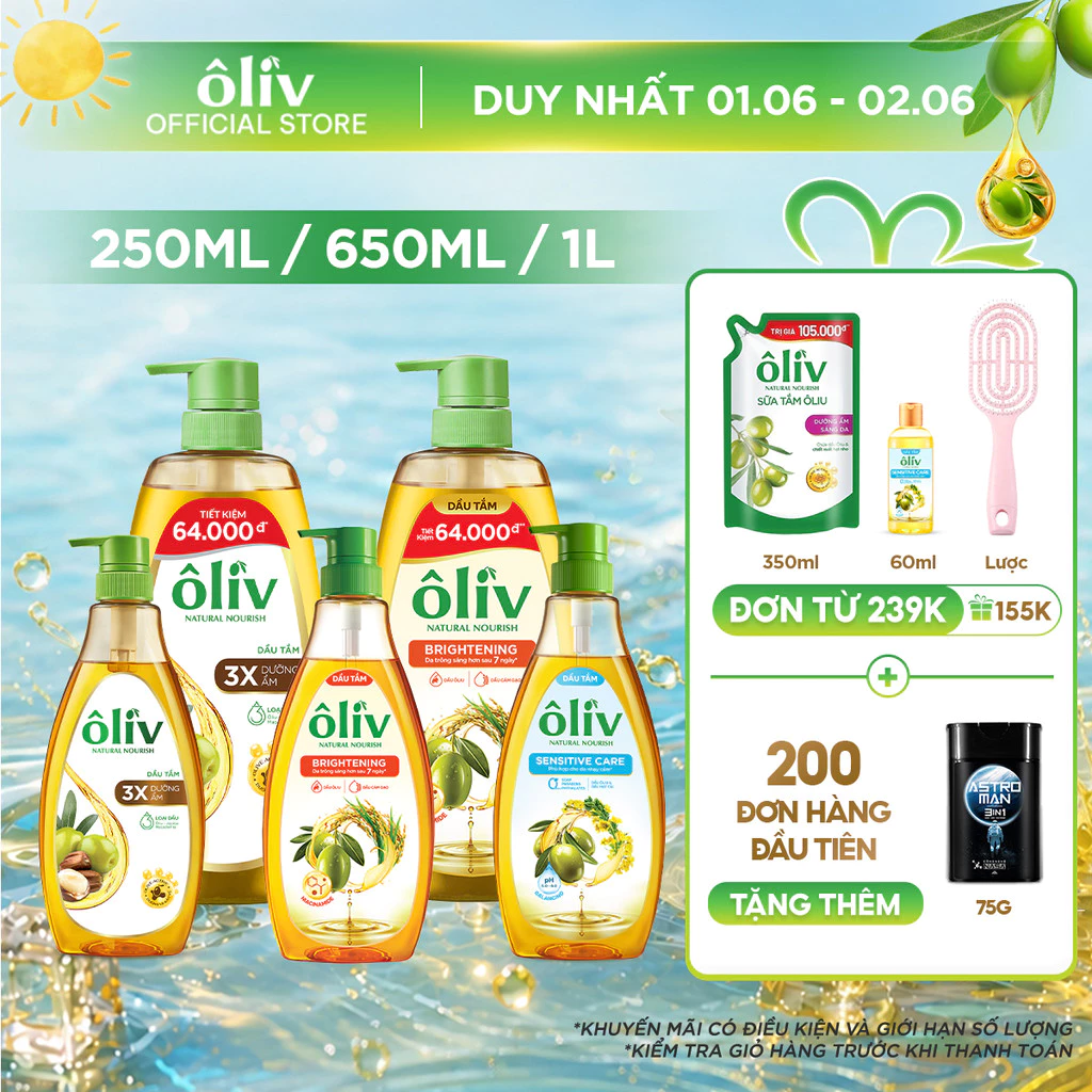 Dầu Tắm ÔLIV 3X Dưỡng Ẩm/Dưỡng Sáng Da/Dành Cho Làn Da Nhạy Cảm 250ML/650ML/1L