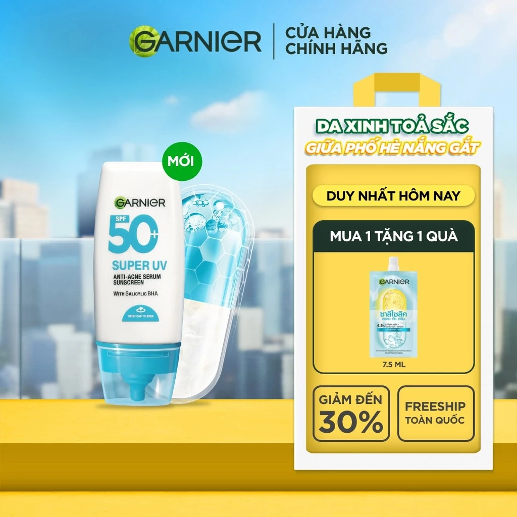 Kem Chống Nắng Garnier Phổ Rộng Kiềm Dầu Đến 12H & Hỗ Trợ Giảm Mụn Spf...