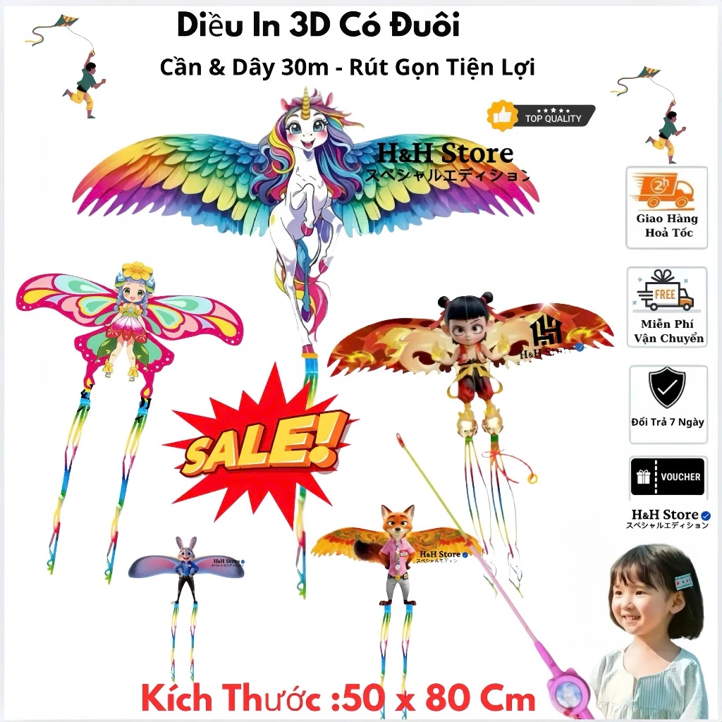 [ Size 50cm ]Diều Cần Câu Diều In 3D họa tiết hoạt hình dễ thương 50cmx80cm Kèm...