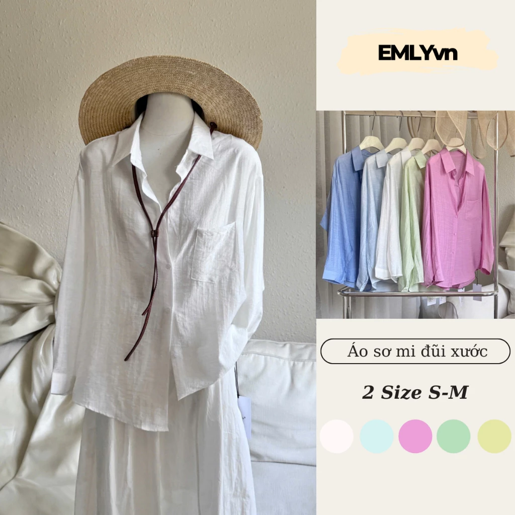 EMLY - Áo Sơ Mi Kiểu Nữ Vải Đũi Xước Mềm Mịn Ít Nhăn Fom Rộng, Áo Sơ Mi Đũi Nữ...