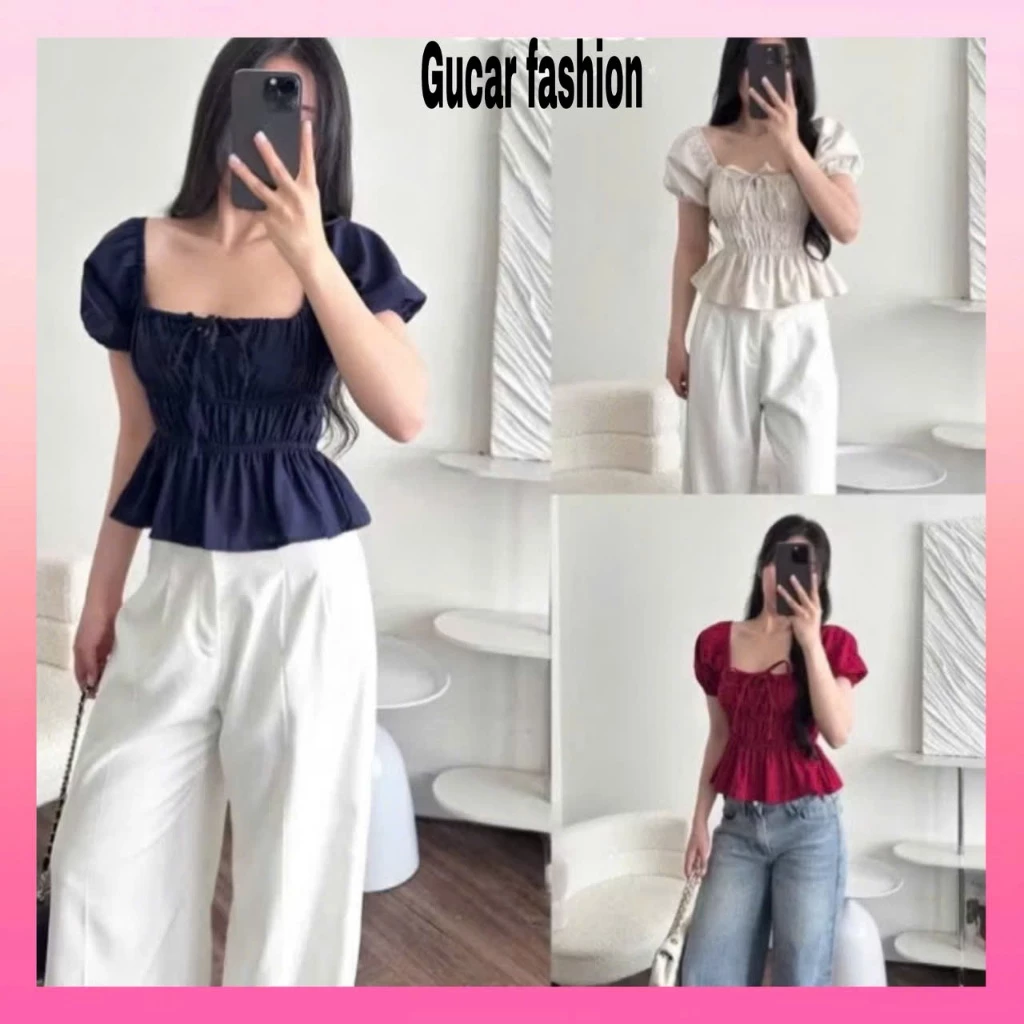 Áo babydoll linen kiểu xinh tay phồng tiểu thư công chúa bo thân nơ coquette...