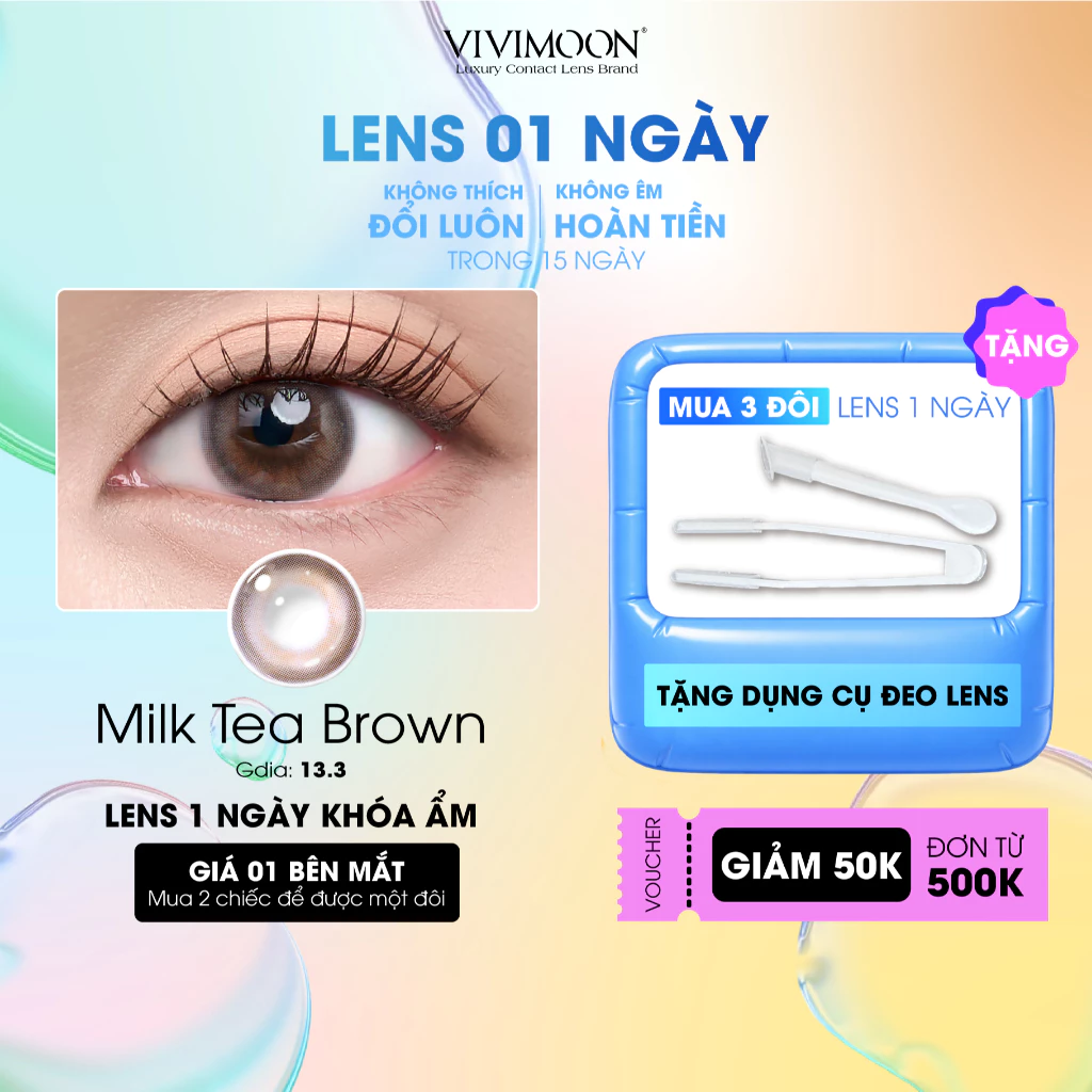 VIVIMOON lens cận 1 ngày Milk Tea Brown, kính áp tròng khóa ẩm màu nâu trà sữa...