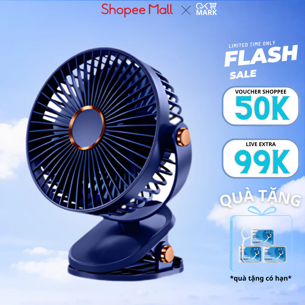 ( Loại 1) Quạt tích điện kẹp bàn mini để bàn 5 mức độ có đèn led pin 5000 MHA...