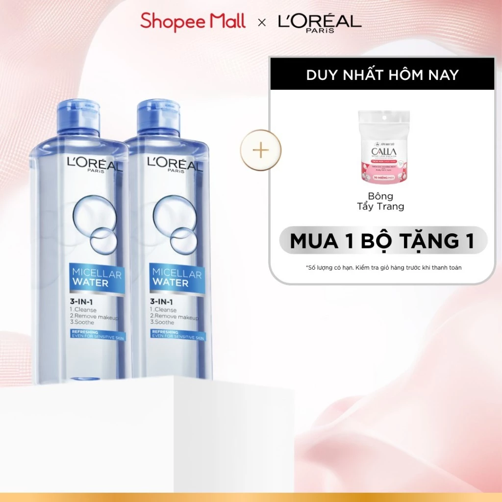Bộ 2 nước tẩy trang đa năng 3in1 tươi mát L'Oreal Paris (xanh dương nhạt) 400ml