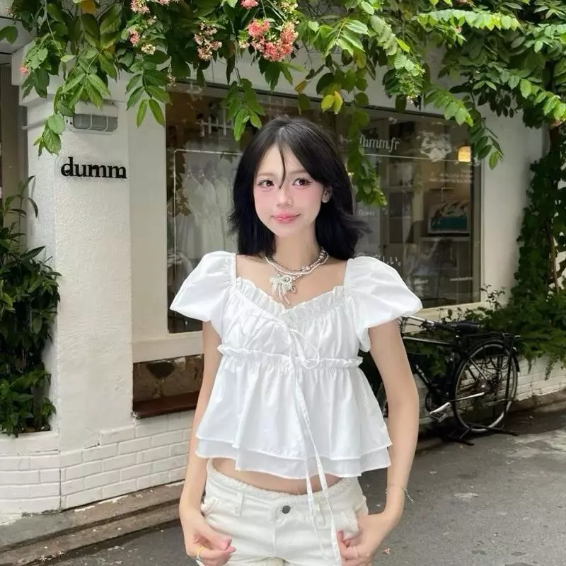 Tiany AT009 Áo Babydoll Tay Phồng Phối Bèo Free Size Màu Trắng Tinh Khôi Chất...