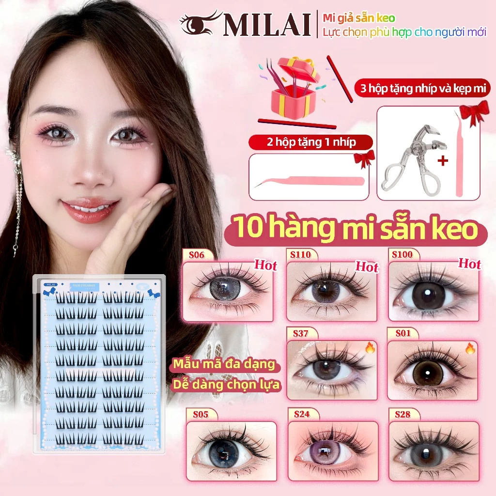 MILAI 10 hàng mi giả sẵn keo. Mua 2 hộp tặng nhíp, mua 3 hộp tặng kẹp mi