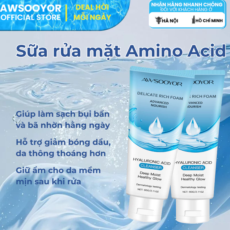 AWSOOYOR Sữa rửa mặt Amino Acid 60g cảm giác da sạch thoáng, hỗ trợ làm giảm...