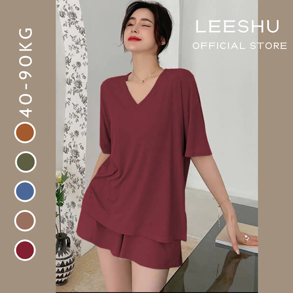 Bộ mặc nhà nữ cổ tim có Bigsize vải cotton lụa siêu mát❤Leeshu❤bộ đồ ngủ cổ tim...